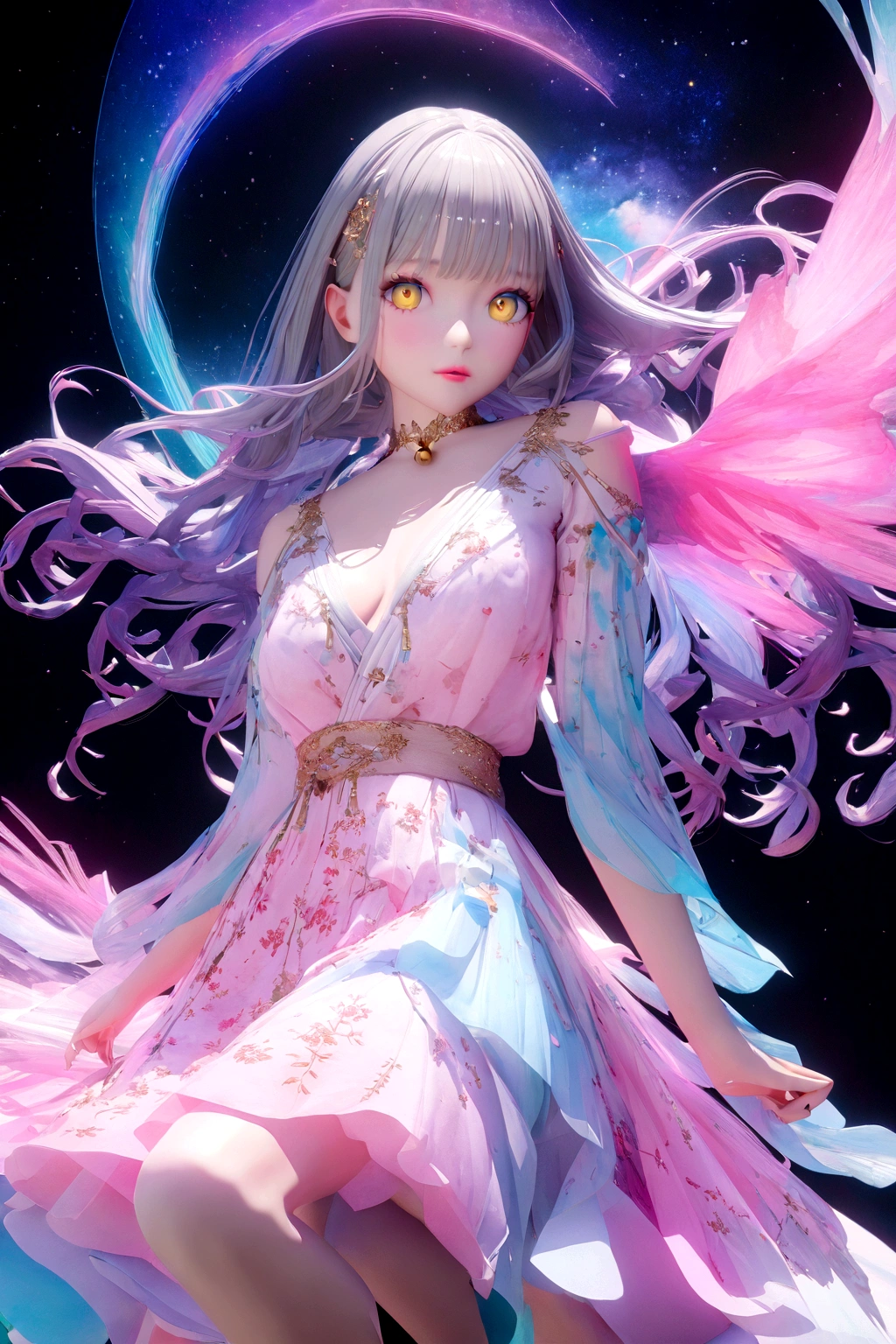  アニメアート壁紙 8K, best anime 4k , anime art wallpaper 4k, anime art wallpaper 4k, Anime Style 4k, detailed Digitalアニメアート, Digitalアニメアート, anime wallpaper 4k, anime wallpaper 4k, Holography in anime, Draw in neon colors:1 girl:future, transparent, 3d, Light, sf, Digital art, Digital, scientific, Dark Background: electronic circuit: Draw in neon colors, 3d, masterpiece, Digital空間, energy, beautiful, masterpiece, 8K, Light, Familiar, Vibrant, colorful, Nice, beautiful, Rich colors, beautiful ,. Magical Effects, Sparkling, beautiful Light ,Luxury Fashion,girl, Inji, Purple Hair, Yellow Eyes, Long Hair, Gray Hair, Gradient Hair,curl,Wave,Platinum Gradation,Fine details,Chic and stylish,Perfect Makeup,Glamorous expression,Beautiful and delicate eyes,Beautiful and delicate lips,Dior Pink Lip,Background Night,Bamboo,A wish strip,The Milky Way filled with stars,White, red and blue yukata,Dark blue band,There is only one bell hanging from the obi.,Draw down to your feet,protocol,colorful,beautiful, masterpiece, 8K, transparent感,