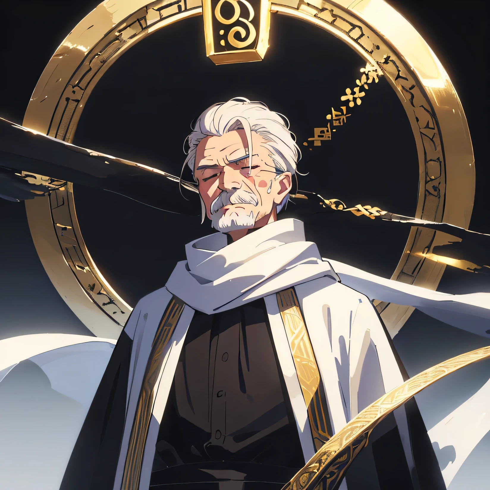 Old man, white hair slicked black, mustache, no beard, closed eyes, unbothered expression, white cloak, black scarf. Background black, golden ringed sigils behind him, form a pattern, old man ascension. Cinematographic lighting、depth of fields、foco nítido、excellent composition