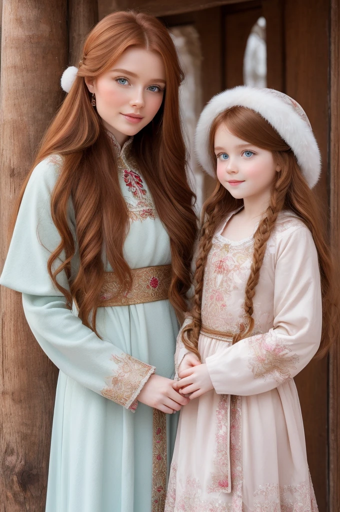 gorgeous, pretty, shiny, kind-hearted, warm-hearted, sweet, polite, sensitive, friendly, charming, graceful, stylish, classy, alluring, majestic, ethereal, angelical ginger long haired russian woman dressed in traditional folk winter costumes. She's with a little cute girl..