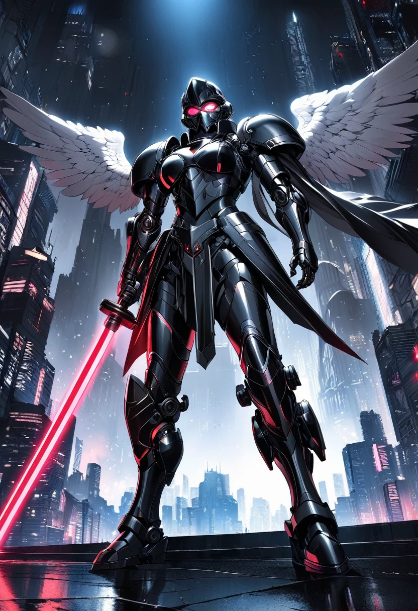 (Best quality,high resolution),Angel with huge golden laser sword,Black Armor, Have a pair of exquisite eyes,Hold the lightsaber high,45 degree angle,Mechanical prosthesis,monochrome exposure,Dramatic Lighting,Cityscape with red holographic sci-fi projection,Sci-fi style.