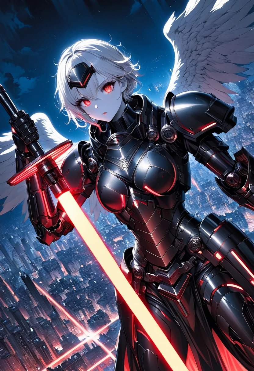 (Best quality,high resolution),Angel with huge golden laser sword,Black Armor, Have a pair of exquisite eyes,Hold the lightsaber high,45 degree angle,Mechanical prosthesis,monochrome exposure,Dramatic Lighting,Cityscape with red holographic sci-fi projection,Sci-fi style.