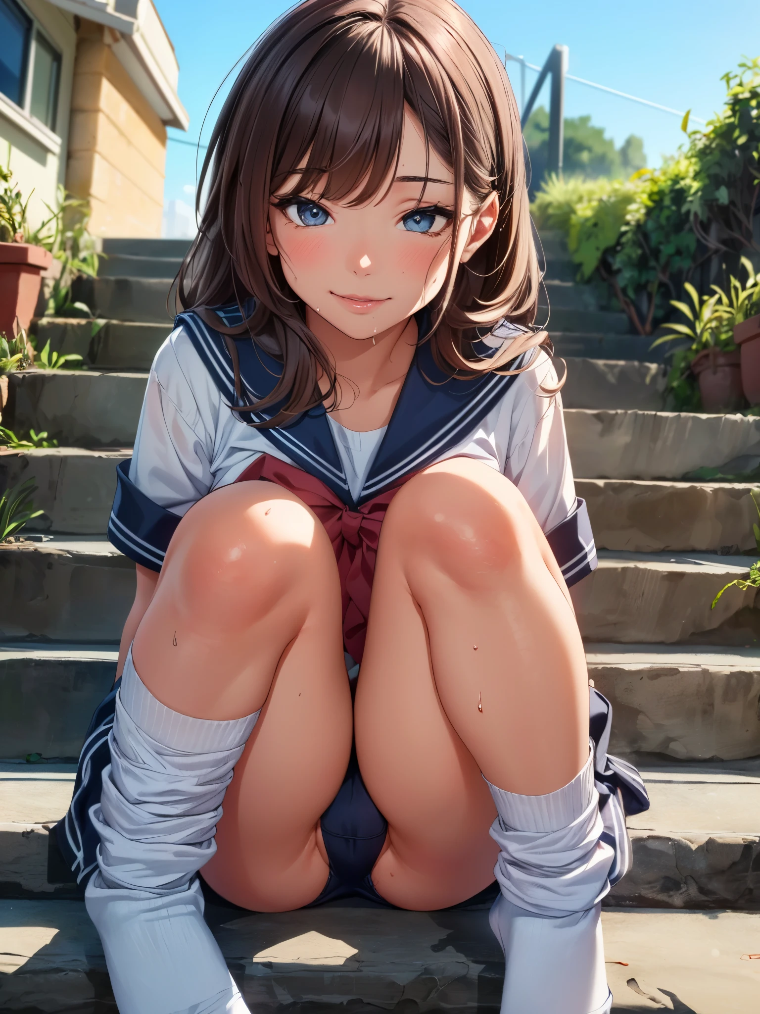 (8K, RAW Photos, Highest quality, masterpiece:1.2), High-quality RAW color photos, Professional photography, Cinematic Light, With 3 people, (((young woman, Gal))), (Sharp features), (Small face), (Skin with attention to detail:1.2), clavicle, Cute face, Beautiful appearance, Long eyelashes, (Brown Hair, blue eyes, Long Hair), Beautiful breasts, (Slim figure:1.4), Highly detailed face and skin texture, , Sailor suit, mini skirt, loose socks:1.スニーカー3feet:1.3, (Dynamic pose:1.0), Embarrassing,Sit on the stairs, School building stairs, Artistic painting,Attractive thighs, Open your thighs, (Very nice touch:1.2), (A shy smile), (Beautiful breasts), (concentrated), (sweating:1.2), (Open your mouth), Highly detailed face and skin texture, Look to the side, from before,(((Spread the word_feet, Pussy, Split_ feet, from before, I can see your underwear)))
