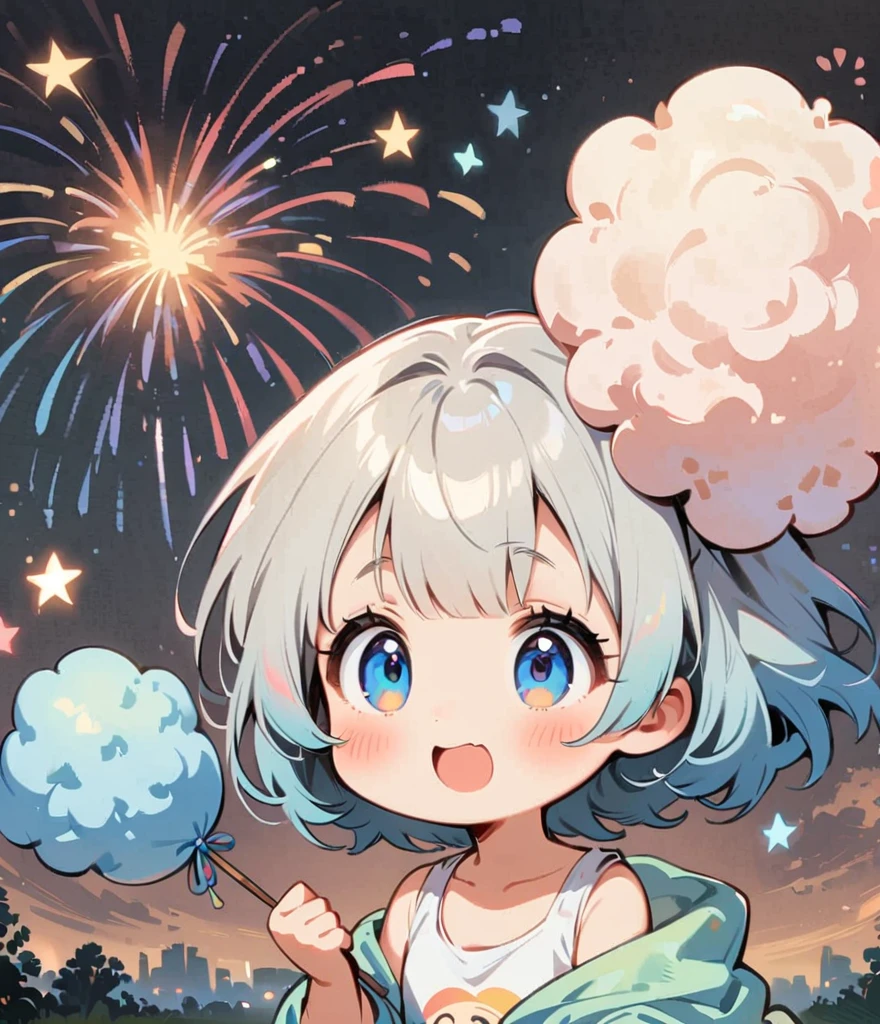 Fireworks in the background、Eat rainbow cotton candy、Cartoon style character design,1 Girl, alone,Big eyes,Cute expression,Tank top、interesting,interesting,Clean Lines