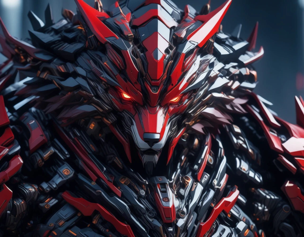 ((Masterpiece)), ((Best Quality)), (Very Detailed), ((Very Detailed)), 4K, (8K), very aesthetic, absurdres highres, Red Mecha Wolf, A red mecha wolf with advanced high-tech armor, characterized by sharp lines and rugged edges. Details: The mecha wolf's armor is composed of red metallic plates with glowing crimson accents. The eyes are dark red, adding a menacing and commanding presence. The design incorporates complex mechanical components, giving it a futuristic and cyberpunk appearance. The white background and dramatic lighting enhance the depth and three-dimensionality of the image, cyborg, android,
