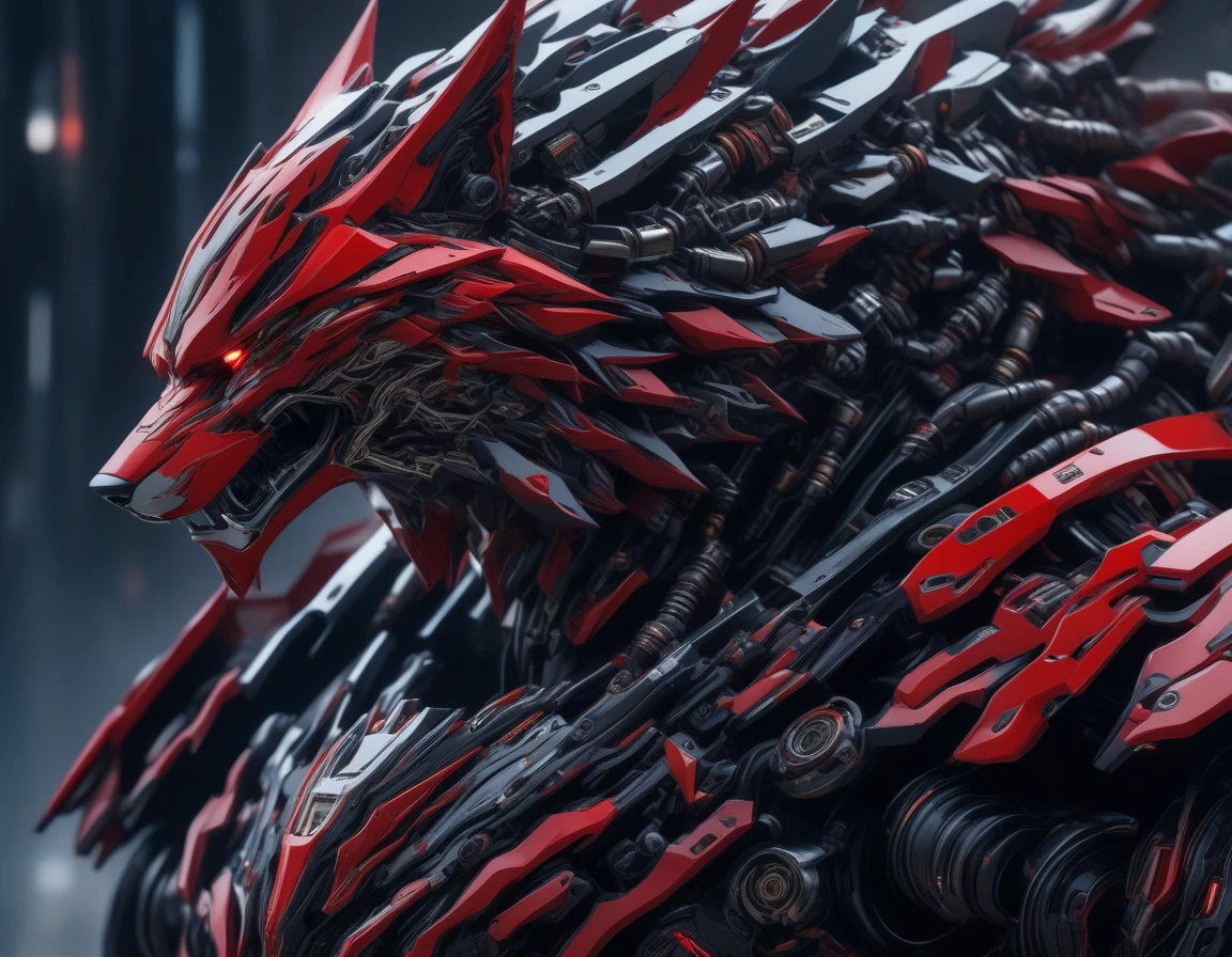 ((Masterpiece)), ((Best Quality)), (Very Detailed), ((Very Detailed)), 4K, (8K), very aesthetic, absurdres highres, A highly detailed and realistic illustration of a wolf wearing advanced red and silver mechanical armor. The armor should have intricate details, with visible joints, wires, and panels, giving a futuristic and robotic appearance. The wolf should have a majestic and fierce expression, with sharp, intense eyes. The fur should be a vibrant red with white highlights, seamlessly integrated with the armor. The mechanical armor should feature various shades of red with metallic silver accents, showing signs of wear and battle damage for added realism. The armor plates should have a glossy finish with subtle reflections and highlights. The wolf's posture should be strong and imposing, standing on all fours, ready to run, with its head held high. The wolf should display a natural and realistic movement, as if it understands the physiology and behavior of real wolves. The background should be plain and unobtrusive, possibly a simple gradient or solid color, to ensure all focus is on the character.