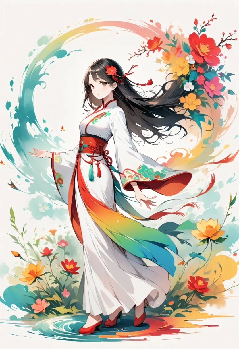 (Beautiful girl in white clothes),Full body standing,Wide sleeves,Big watery eyes,Beautiful face and smooth fair skin,Delicate face,Black long hair,Chinese Beauty,Dressed in ancient Chinese costumes,gossamer,rich and colorful,Bright and colorful,Vibrant digital illustrations,(Clean background),Ink painting style,Clean colors,Decisive cuts,A blank slate,masterpiece, Ultra-delicate,Epic Composition,high quality,Highest quality,4K