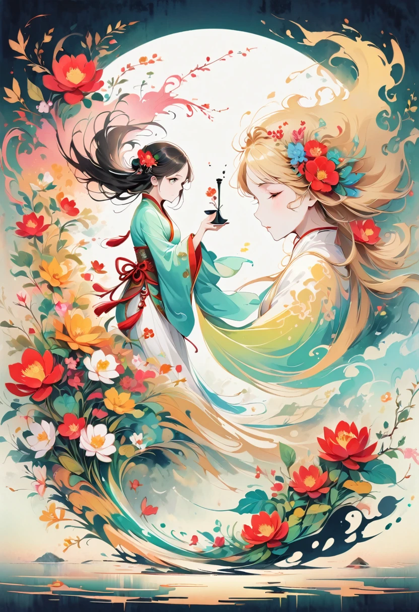 (Beautiful girl in white clothes),Full body standing,Wide sleeves,Big watery eyes,Beautiful face and smooth fair skin,Delicate face,Black long hair,Chinese Beauty,Dressed in ancient Chinese costumes,gossamer,rich and colorful,Bright and colorful,Vibrant digital illustrations,(Clean background),Ink painting style,Clean colors,Decisive cuts,A blank slate,masterpiece, Ultra-delicate,Epic Composition,high quality,Highest quality,4K