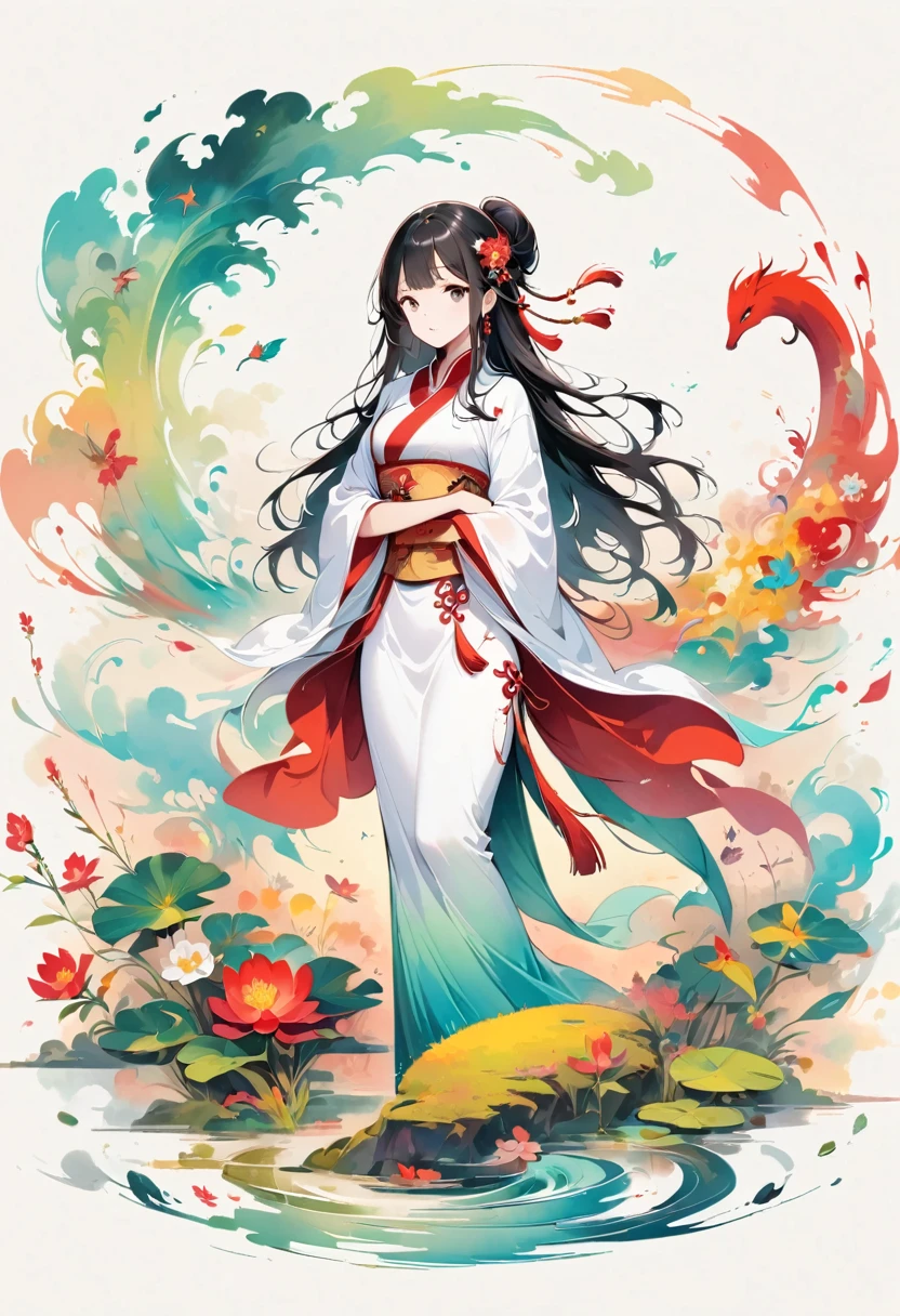 (Beautiful girl in white clothes),Full body standing,Wide sleeves,Big watery eyes,Beautiful face and smooth fair skin,Delicate face,Black long hair,Chinese Beauty,Dressed in ancient Chinese costumes,gossamer,rich and colorful,Bright and colorful,Vibrant digital illustrations,(Clean background),Ink painting style,Clean colors,Decisive cuts,A blank slate,masterpiece, Ultra-delicate,Epic Composition,high quality,Highest quality,4K