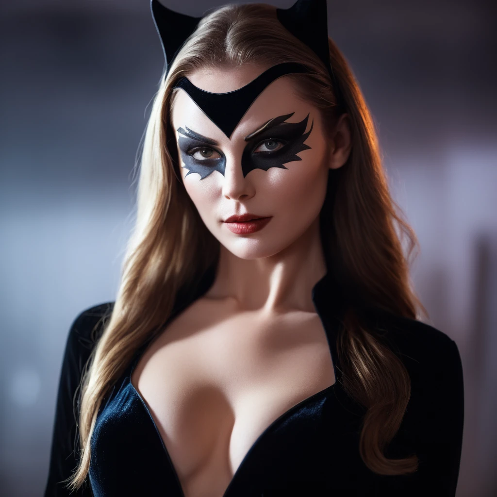 beautiful evil slavic woman, pale skin, long dark blond hair, Photo, Halloween Skin - Catwoman, in club, velvet black suit, whole body, Sharp Focus, dynamic sexy pose, helios 44-2, swirling bokeh, Sharp Focus, Студийное Photo, complex parts, high detail, sharpness, character portrait, perfect lighting, masterpiece, Detailed backstory, Cinematic lighting, 8 k, ultra detailed, hyperrealism, masterpiece, perfectly focused, f/22, symmetry and balance, artistic, infrared photography, outstanding details,