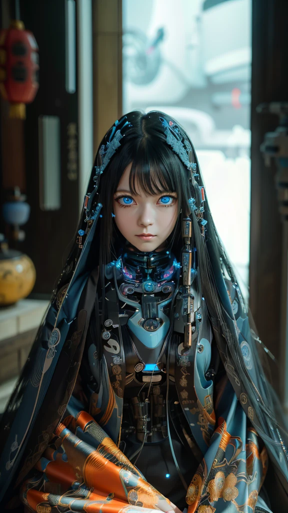 Ultra-detailed, master piece, best quality, high resolution,  detailed eyes, detailed face, (Neo Tokyo:1.5), (Cyberpunk:1.5), (Fusion with Machine:1.5), 12 years old, very pretty and beautiful, girl with mysterious atmosphere, ghost,  in appearance, graceful in traditional Japanese costume and design, (beautiful light blue eyes:1.5), (light blue plasma around her:1.5), bio-mechanical, traditional Japanese room with elegance, long black hair, bangs, face, hands, design and (light blue plasma surrounds), biomechanical, Japanese traditional noble Japanese room, long black hair, bangs, face, hands, designs and decorations are detailed and clearly drawn, ultra realistic and realistic image with super high resolution