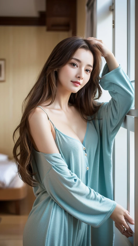 Mature Young,Great pajamas,Erotic style,very cute,indoor,whole body,Beautiful and soft skin、Perfect Face、Perfect Face,Gorgeous long brown hair,8K resolution,Ultra-realistic,Very detailed,high quality,Fashionable erotic beautiful immature woman ,(Look at the viewers)