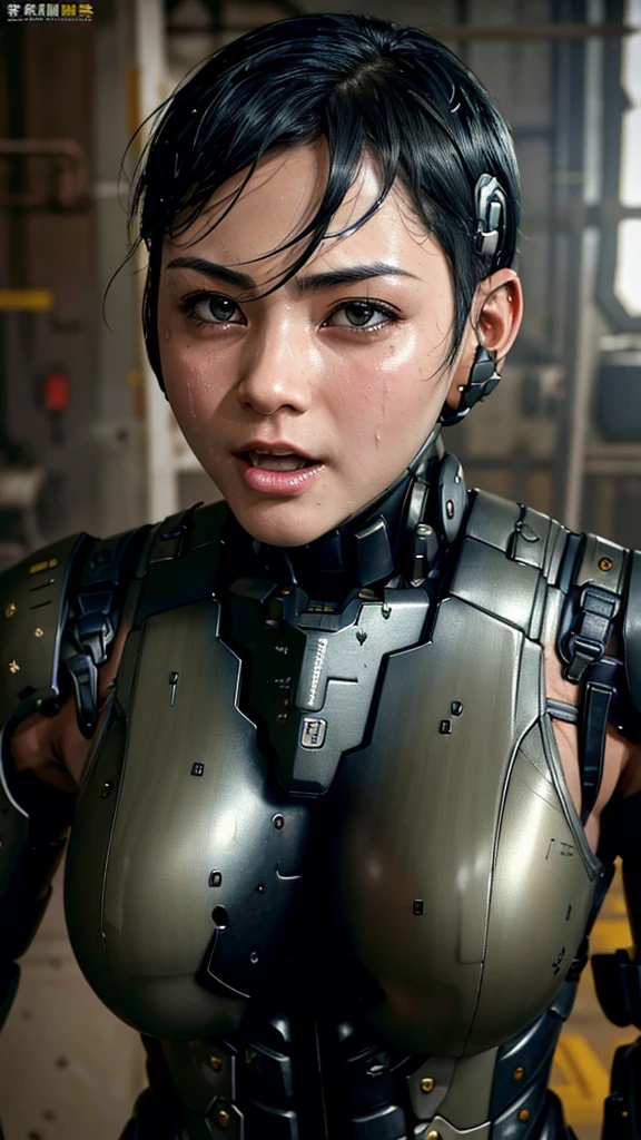 Textured skin, Very detailed, Attention to detail, high quality, 最high quality, High resolution, 1080P, hard disk, beautiful,(War Machine),beautifulサイボーグ女性,Mecha Cyborg Girl,Battle Mode,Girl with a mechanical body　Black Hair　Short Hair Boyish　Dark green armor　Sweaty and wet face　The change is over　Met Off　Steam coming from the head　Steam coming out of the whole body　Painful expression　Please open your mouth wide　Snug-fitting headgear　Black Inner Suit　Full body portrait　from the front