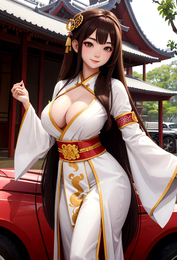 Japanese woman with very long brown hair The face is white, smooth, very beautiful. Wear traditional Thai clothing Drive a car made of beautifully carved wood. There are no roofs on the streets of Bangkok. Sharp, realistic, life-like images,UE5,No wear anything, Naked,Large Breast, Big Bust,Big Cleavage,Big Chest, Bare,Slender Body,White Skin,Very Realistic,Full Body and Smile,Bright Background.