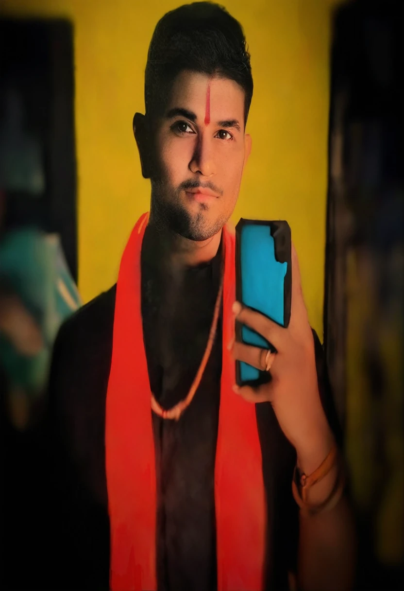 there is a man that is holding a iphone 15 pro max in his hand, in a oil painting style, inspired by Saurabh Jethani, 8k selfie photograph, inspired by Kailash Chandra Meher, portrait shot 8 k, edited in photoshop, innocent look. rich vivid colors, selfie!!!!! of a man, [ digital art ]!!, attractive male deity