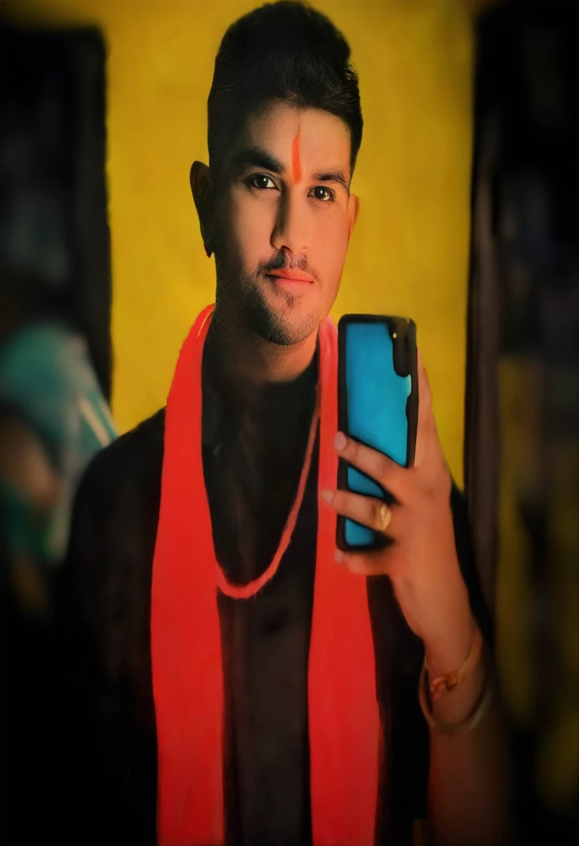 there is a man that is holding a iphone 15 pro max in his hand, in a oil painting style, inspired by Saurabh Jethani, 8k selfie photograph, inspired by Kailash Chandra Meher, portrait shot 8 k, edited in photoshop, innocent look. rich vivid colors, selfie!!!!! of a man, [ digital art ]!!, attractive male deity