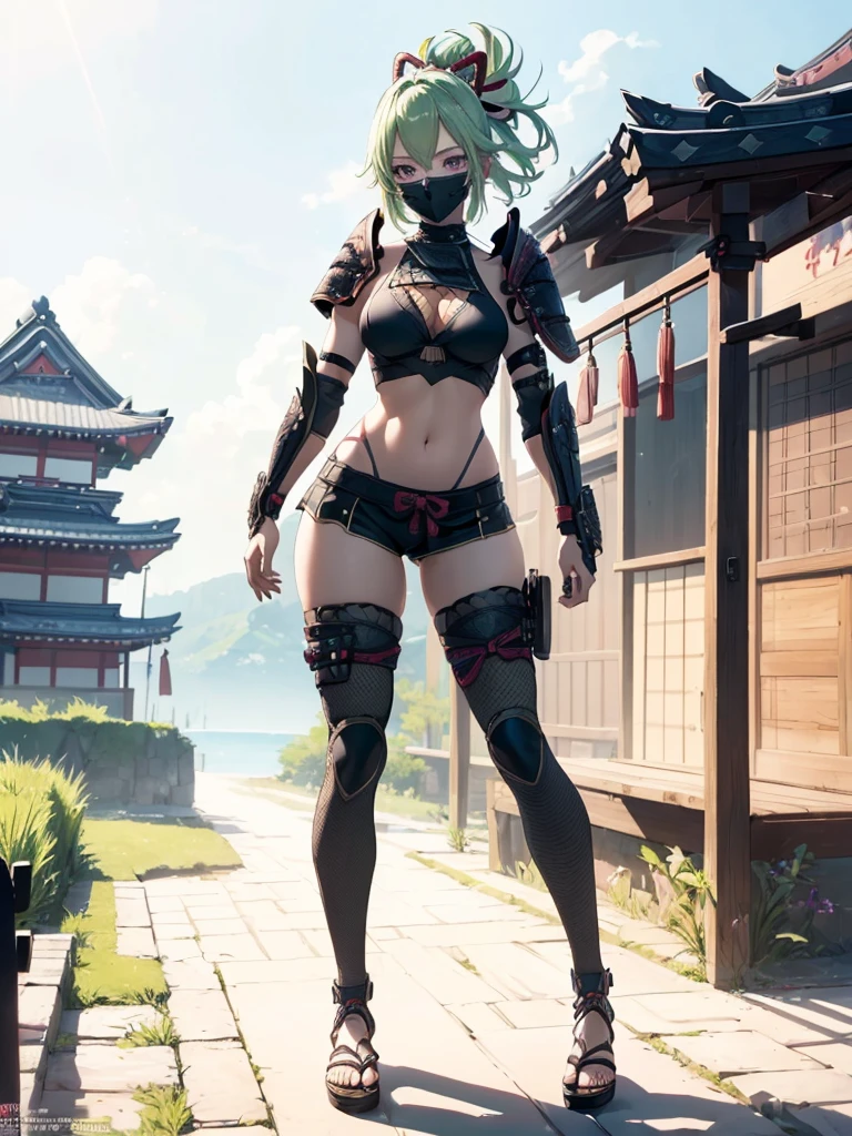 ((1girl, solo)), (((cowboy shot))), (legs apart:1.5), standing, beautiful body, ((perfect anatomy, perfect body, perfect legs)), (perfect hands:1.5), natural proportions, sexy body, (large breasts:1.5), (full body, full-body shot, full body front:1.5) BREAK
((extremely detailed face)), (beautiful detailed eyes:1.6), (realistic pupils, realistic iris:1), expressive eyes, looking at viewer, (clear eyes:1.3), (hyperrealistic:1.2), (detailed skin texture:1.2), smooth skin, kuki shinobu, purple eyes, green hair, ((mouth mask)), perfect face, perfect eyes BREAK
ninja, (revealing clothes:1.5), (samurai armor:1.5), (fishnet top:1.5), (crop top:1.5), cleavage, (shoulder armor:1.3), (arm guard:1.5), partially fingerless gloves, midriff, (short shorts:1.5), black shorts, ((black thighhighs)), (((greaves))), (highleg:1.5), thighs, ass visible through thighs, sandals, tassel BREAK
outdoor, day, japanese building, east asian architecture BREAK
(masterpiece:1.5), anime-style, top quality, best quality, (beautiful and aesthetic:1.2), (ultra detail:1.5), Ultra-detailed depiction, Ultra-precise depiction, extremely detailed 8k illustration, high resolution, (highly detailed shading:1.2), (realistic lighting:1.4), perfect lighting, vibrant colors, dynamic tones, striking hues, 8k, absurd resolution, perfect shadows, hdr, UHD, ambient lighting, realistic, ultra-realistic, photo realistic, highly detailed, rich detail, luminous colors, fine texture, intricate design, professional illustration, (soft light:1.2), (illustration:0.7)
