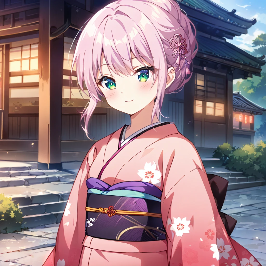 1girl,(japanese clothes, pink kimono, floral print, kimono, print kimono, sash, wide sleeves, obi),Shrine grounds in the morning, background,(RAW photo, best quality), (anime style:1.4), masterpiece, an extremely delicate and beautiful, extremely detailed, 2k wallpaper, Amazing, finely detail, extremely detailed CG unity 8k wallpaper, ultra-detailed, highres, soft light, beautiful detailed girl, extremely detailed eyes and face, beautiful detailed eyes,cinematic lighting,perfect anatomy,slender body,light smile,lavender-colored hair,green eyes,