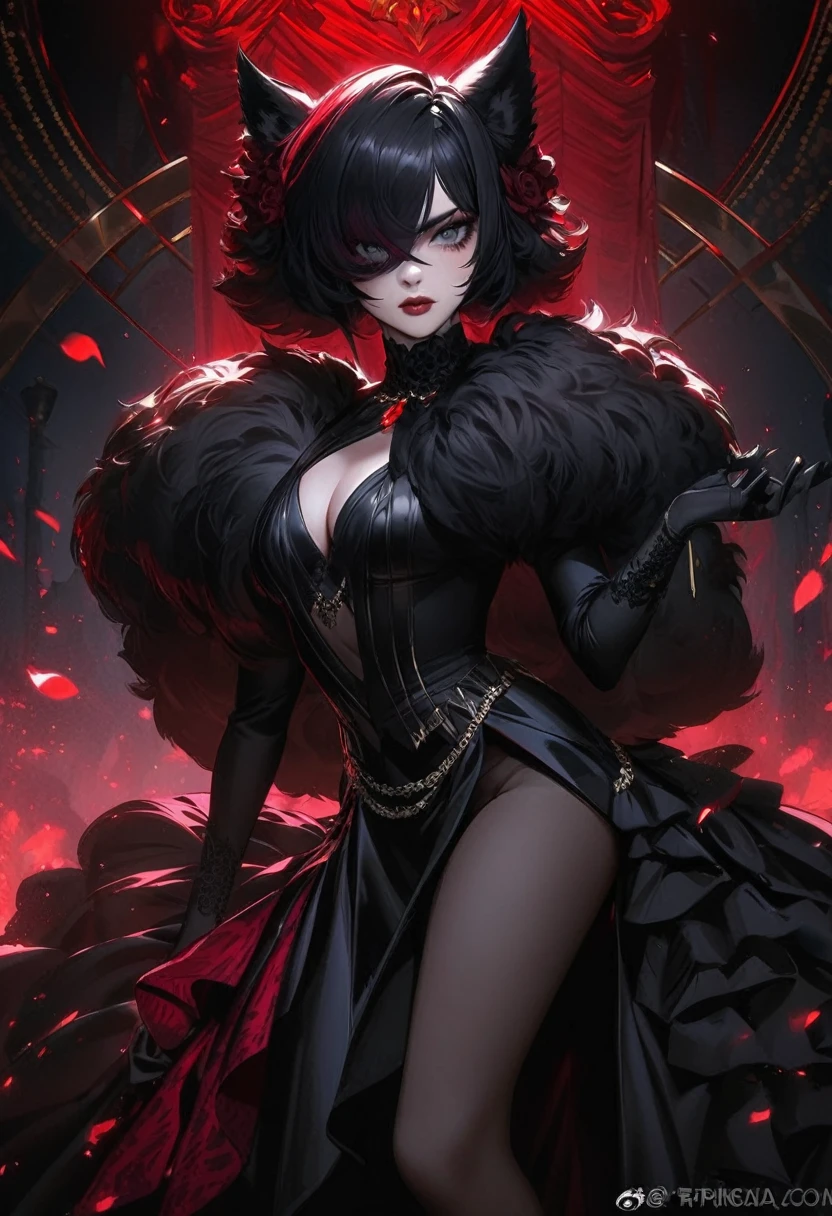 "a fluffy anthropomorphic (black) (Wolf) (pelo rojo ojos rojo fuerte y pelo largo pelaje negro) wearing (traje negro elegante), high quality digital art"