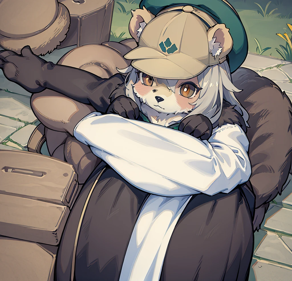 Grizzly bear wearing hat
