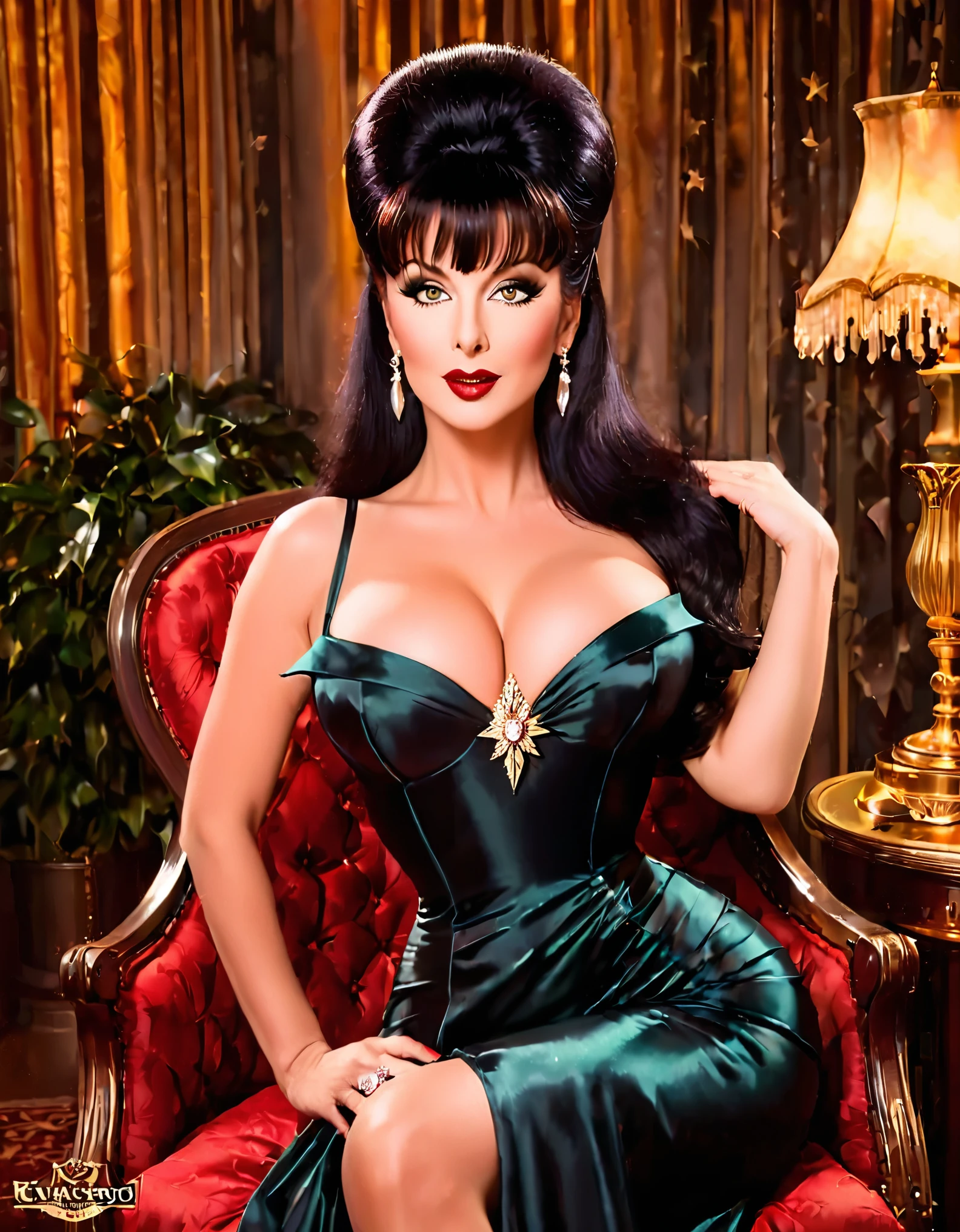 Generate a portrait of Elvira exuding timeless elegance and vintage glamour. Envision her in a classic Hollywood setting with soft, flattering lighting. Emphasize her features with a touch of sophistication, perhaps inspired by the golden age of Hollywood. Ultra Realistic photo, vibrant colors, 16k