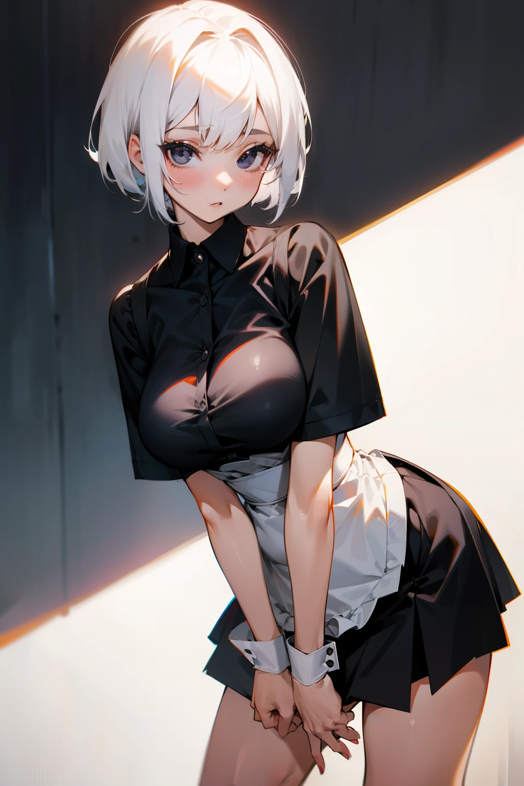 Cute girl, short white hair, black eyes, waitress, black shirt, short black skirt, big breasts