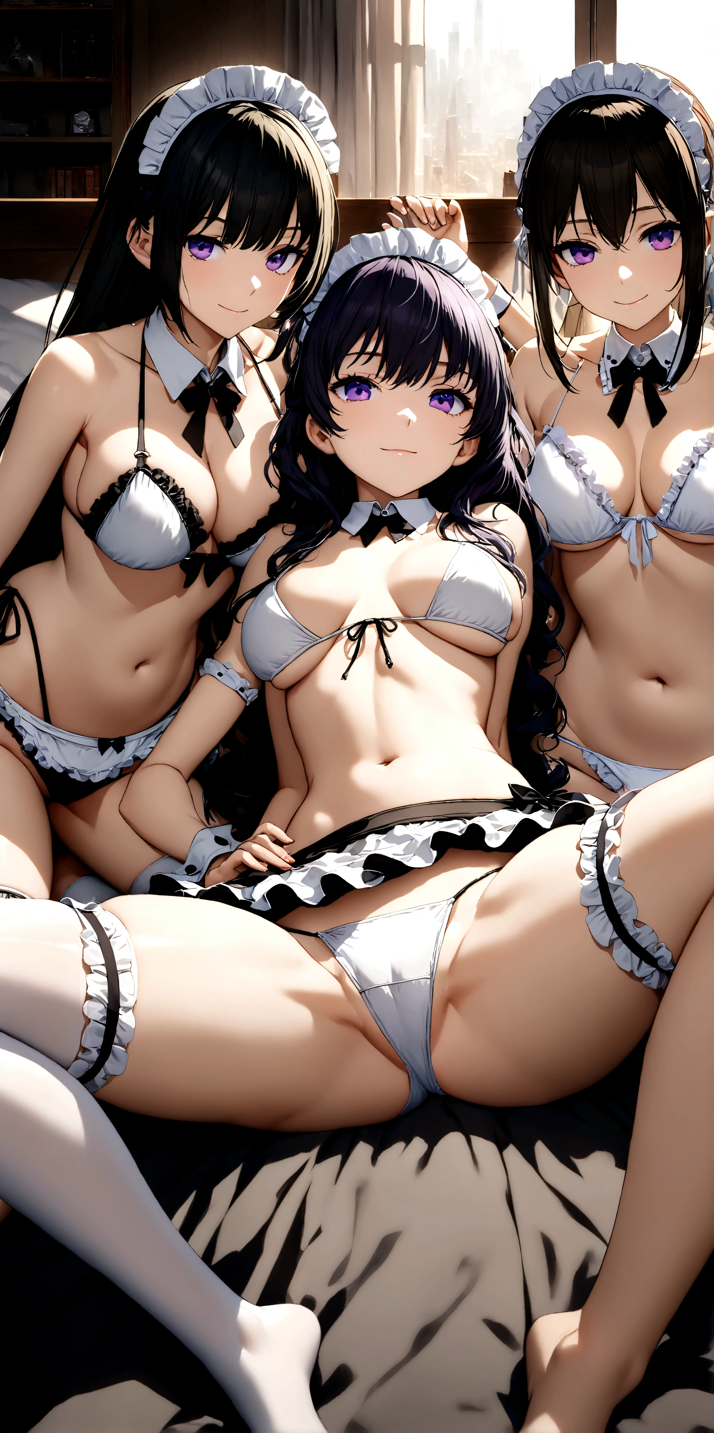 ((32k)), ((best quality)), ((ultra high res)), ((HDR)), ((UHD)), ((extremely detailed CG)), ((unity 32k wallpaper)), (((18 years old))), 3 girls, closed mouth, purple eyes, bikini, thighs, cowboy shot, frills, indoors, hand up, stomach, white thighhighs, hand on hip, wrist cuffs, maid, maid headdress, bare arms, skindentation, detached collar, side-tie bikini bottom, white bikini, single thighhigh, string bikini, frilled bikini, bridal garter, maid bikini, smile, large breasts, (Lie on the bed), (Spread your legs wide),