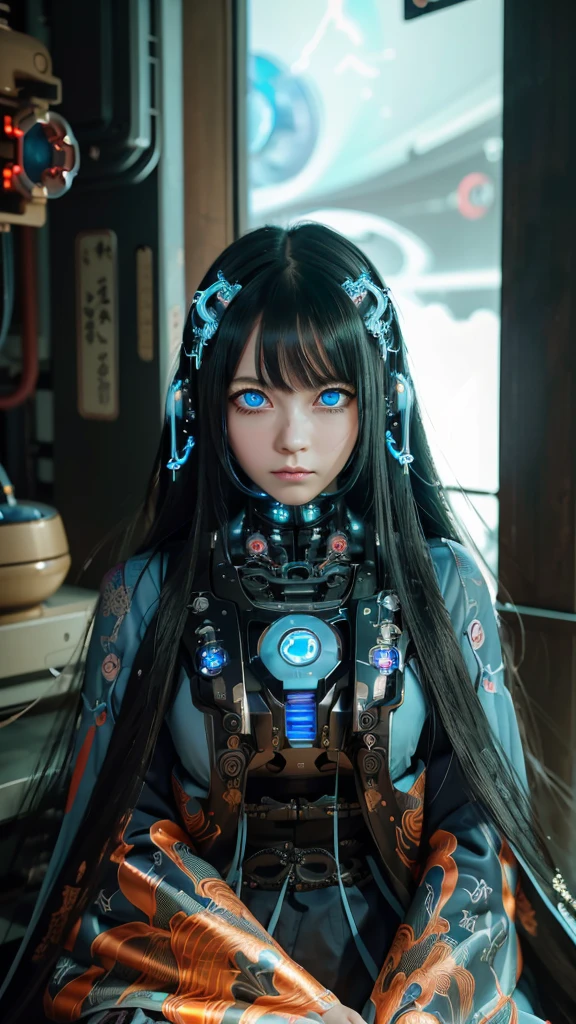 Ultra-detailed, master piece, best quality, high resolution,  detailed eyes, detailed face, (Neo Tokyo:1.5), (Cyberpunk:1.5), (Fusion with Machine:1.5), ************, very pretty and beautiful, girl with mysterious atmosphere, ghost,  in appearance, graceful in traditional Japanese costume and design, (beautiful light blue eyes:1.5), (light blue plasma around her:1.5), bio-mechanical, traditional Japanese room with elegance, long black hair, bangs, face, hands, design and (light blue plasma surrounds), biomechanical, Japanese traditional noble Japanese room, long black hair, bangs, face, hands, designs and decorations are detailed and clearly drawn, ultra realistic and realistic image with super high resolution