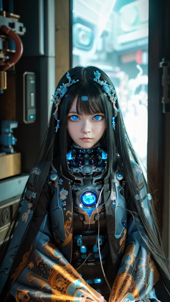 Ultra-detailed, master piece, best quality, high resolution,  detailed eyes, detailed face, (Neo Tokyo:1.5), (Cyberpunk:1.5), (Fusion with Machine:1.5), ************, very pretty and beautiful, girl with mysterious atmosphere, ghost,  in appearance, graceful in traditional Japanese costume and design, (beautiful light blue eyes:1.5), (light blue plasma around her:1.5), bio-mechanical, traditional Japanese room with elegance, long black hair, bangs, face, hands, design and (light blue plasma surrounds), biomechanical, Japanese traditional noble Japanese room, long black hair, bangs, face, hands, designs and decorations are detailed and clearly drawn, ultra realistic and realistic image with super high resolution