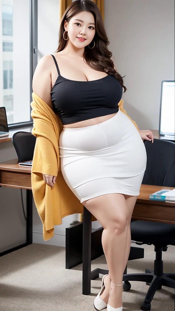 ((best quality, 8K, masterpiece: 0.8)), Fat woman smiling  ((best quality)), ((masterpiece)), (detailed), Perfect face, Fat Chinese woman wearing black long-sleeved shirt and blue jeans, Thickness, She has a round fat belly, bbw酱, Wear tight and sexy clothes, 细腰Thickness臀, Widest hips, Her belly is fat and round, Soft curves, hyperPractical full figure, Wearing a cute top, Wide hips, Off-the-shoulder design，Bare belly,(Big Ass:0.7),Showing legs,, Thickness, Beautiful plump women, Beautiful curvy women,, High and tall，Clear curve details, Curvy hourglass figure, Attractive plus size model, bbw酱, Full figure, Curved model, Curvy body, （full-body shot）blush, 1girll fat , Mature women, , Golden Ratio,(Korean Idol),(White and tender skin:),High quality background, HD, Practical, HDR. office，Half sitting at the desk，Skin as white as paper