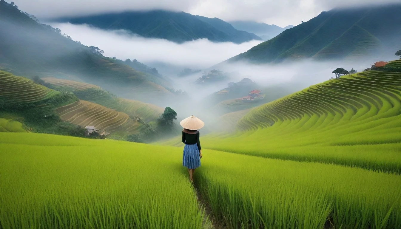 Beautiful Korean Woman, Chest size 34 inches, Wear sleeveless, light skirts, Foggy scenery of Sapa, Vietnam, A terraced rice field is visible, short medium hair, Taken from a distance with a wide angle lens, Realistic living landscape, 