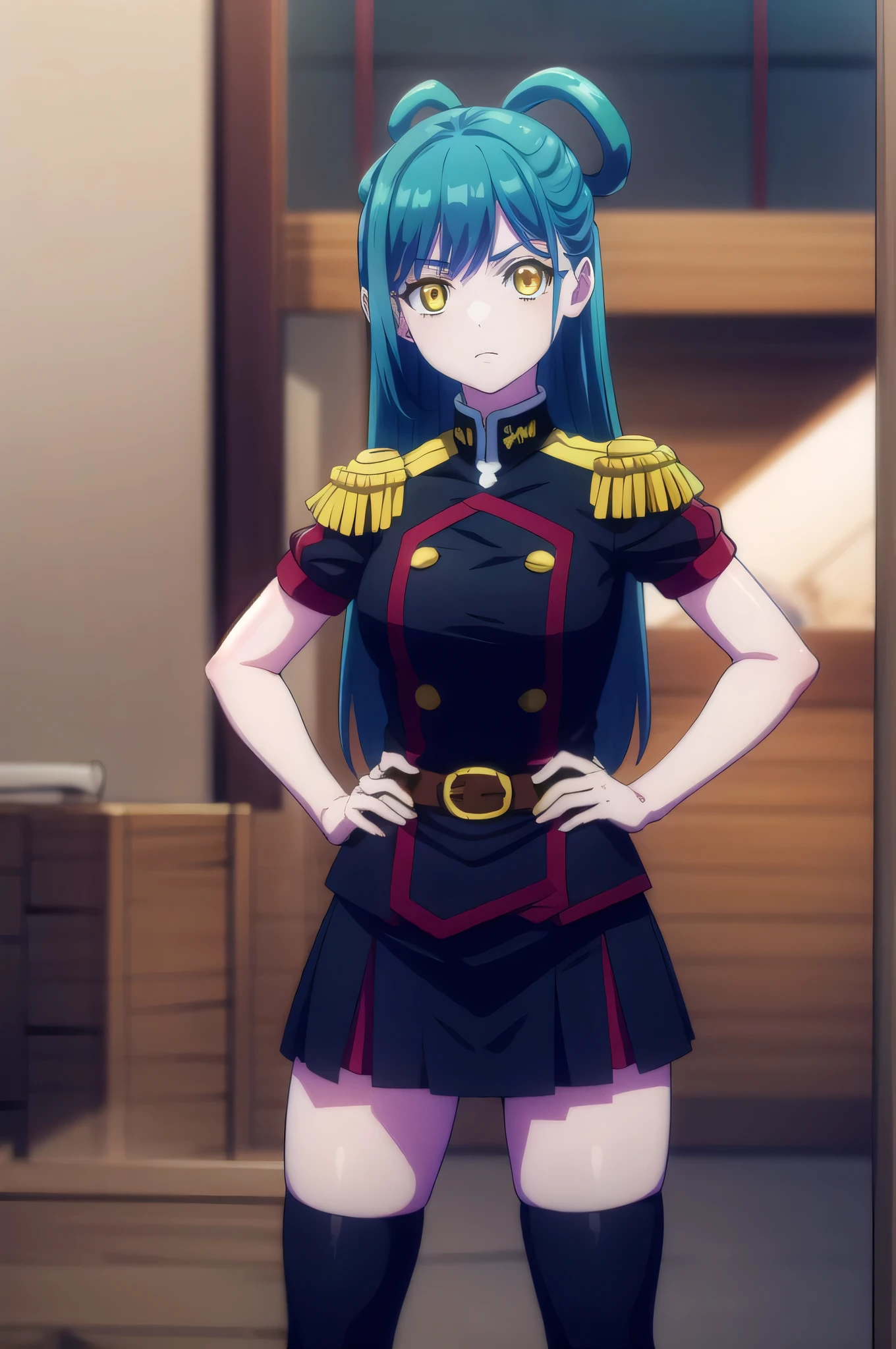 himariazuma, himari azuma, long hair, hair rings, (blue hair:1.5), (yellow eyes:1.5),
BREAK skirt, thighhighs, epaulettes, military, military uniform, black uniform,
BREAK looking at viewer, (cowboy shot:1.5),
BREAK (masterpiece:1.2), best quality, high resolution, unity 8k wallpaper, (illustration:0.8), (beautiful detailed eyes:1.6), extremely detailed face, perfect lighting, extremely detailed CG, (perfect hands, perfect anatomy), full body, standing, hand on hip