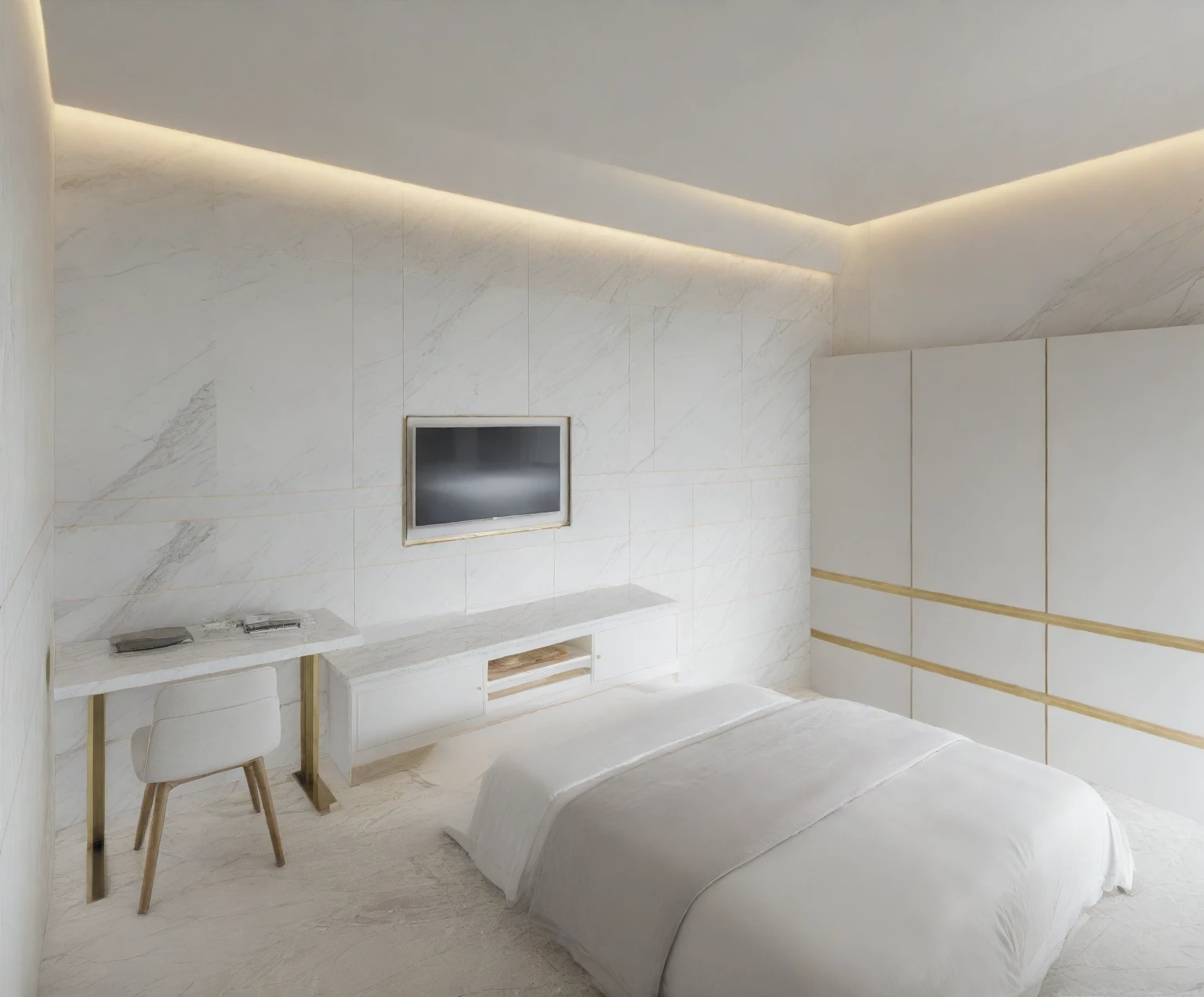 Raw photo,Masterpiece, high quality, best quality, authentic, super detail,
indoors, interior , ((BEDROOM :1.3)), modern style, daylight, (WHITE WALL),luxury, marble tile floor,