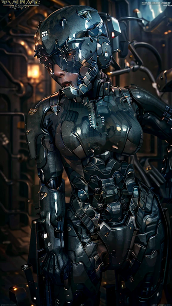 Textured skin, Very detailed, Attention to detail, high quality, 最high quality, High resolution, 1080P, hard disk, beautiful,(War Machine),beautifulサイボーグ女性,Mecha Cyborg Girl,Battle Mode,Girl with a mechanical body Black Hair Short Hair Boyish Dark green armor Sweaty and wet face The change is over Met Off Steam coming from the head Steam coming out of the whole body Painful expression Please open your mouth wide Snug-fitting headgear Black Inner Suit Full body portrait from the front