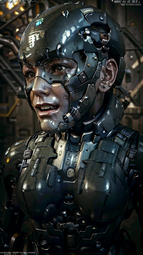 Textured skin, Very detailed, Attention to detail, high quality, 最high quality, High resolution, 1080P, hard disk, beautiful,(War Machine),beautifulサイボーグ女性,Mecha Cyborg Girl,Battle Mode,Girl with a mechanical body Black Hair Short Hair Boyish Dark green armor Sweaty and wet face The change is over Met Off Steam coming from the head Steam coming out of the whole body Painful expression Please open your mouth wide Snug-fitting headgear Black Inner Suit Full body portrait from the front