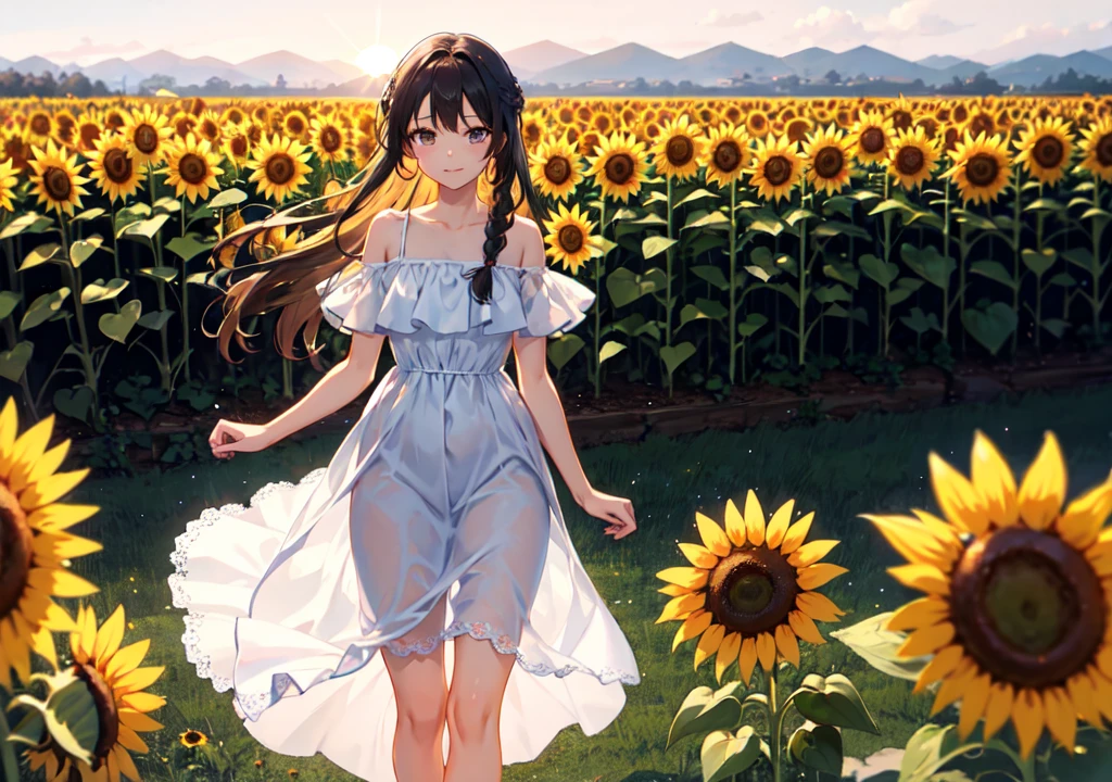 Sunflower Field: "A charming girl with braided hair, wearing a simple, flowing dress, standing in a vast field of sunflowers, with the golden sun setting in the background."