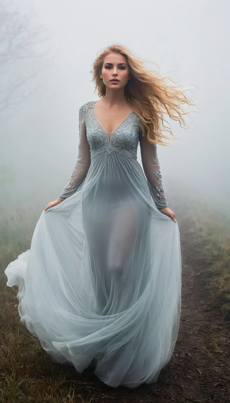 A breathtakingly beautiful and voluptuous woman, her figure accentuated by the translucent attire that hugs her curves. She seems to be floating effortlessly through the dense fog, her ethereal presence casting an otherworldly glow. The diaphanous material of her dress flows around her, revealing tantalizing glimpses of her smooth, toned skin beneath. Long, flowing locks of golden hair frame her delicate features, and her eyes, shielded by thick, dark lashes, appear to be lost in the eerie whiteness that surrounds her. The fog itself is almost tangible, swirling around her legs and obscuring the landscape beyond, as if the world has been reduced to this moment, this vision of unearthly beauty floating through the mist. The contrast between her vibrant, warm presence and the cold, clinging fog creates a sense of otherworldly romance, inviting the viewer to step into this surreal realm and become lost in its enchantment.
