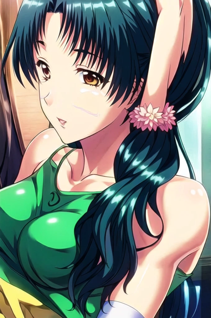 green_dress ,just_shoulder, clavicle, just legs, black_hair,茶color_eye,hair_ornament,hairclip,Side Ponytail, Single Blade, 前hair, 1 Girl, 20-year-old,young woman,beautiful Finger,beautiful long legs,beautiful body,beautiful Nose,beautiful character design, perfect eye, perfect face,expressive eye, View your viewers, centered in picture,(Light_笑face:0.5), Official Art,非常に詳細な CG ユニティ 8K 壁紙, perfect Lighting,colorful, bright_front_face_Lighting,Shiny skin, (masterpiece:1.0),(Highest_quality:1.0), 超High resolution,4K,Super detailed, photograph, 8K, High resolution, High resolution, Absurd:1.2, 400 for Kodak Port, Film Grain, Blurred Background, Bokeh:1.2, Lens flare, (Vibrant_color:1.2) (beautiful,big_chest:1.0), (beautiful_face:1.5),(narrow_Waist)