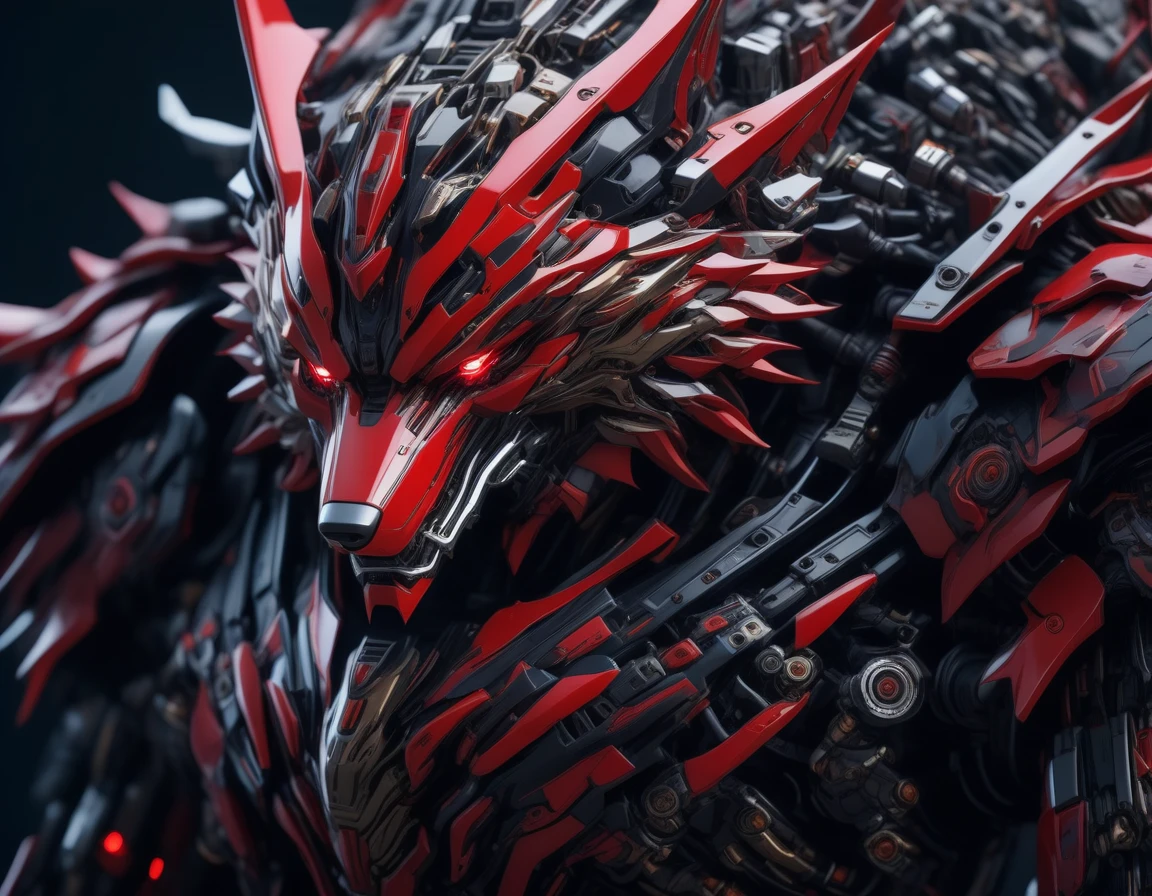 ((Masterpiece)), ((Best Quality)), (Very Detailed), ((Very Detailed)), 4K, (8K), very aesthetic, absurdres highres, Red Mecha Wolf, A red mecha wolf with advanced high-tech armor, characterized by sharp lines and rugged edges. Details: The mecha wolf's armor is composed of red metallic plates with glowing crimson accents. The eyes are dark red, adding a menacing and commanding presence. The design incorporates complex mechanical components, giving it a futuristic and cyberpunk appearance. The white background and dramatic lighting enhance the depth and three-dimensionality of the image, cyborg, android,