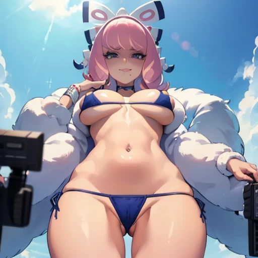 (Clara Jim),masterpiece, anime style,Huge breasts,Highest quality, Highly detailed face,Perfect lighting, Poolside,(One girl:1.3), (Perfect Anatomy), (((Micro Bikini))、((Big Breasts))、(smug face)、(((Looking into the camera)))、(((whole body)))、((Cutting Strings))、((((Shooting from below))))