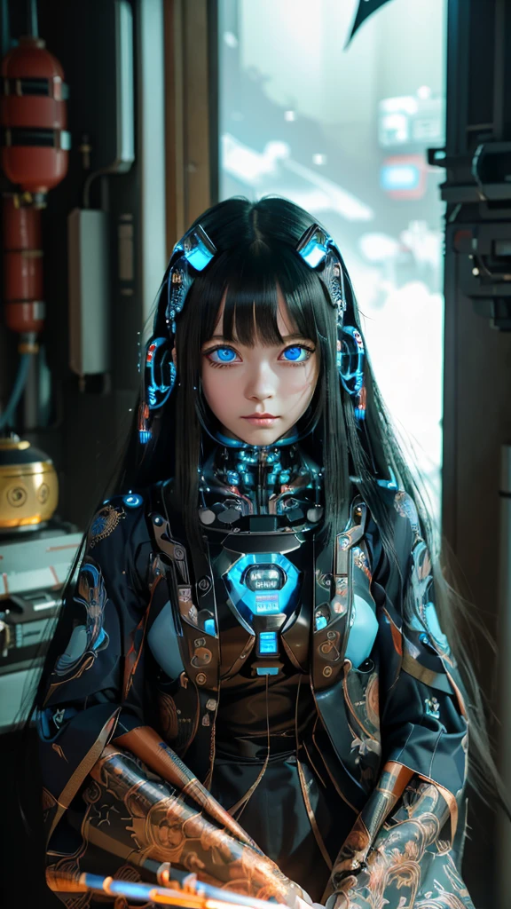 Ultra-detailed, master piece, best quality, high resolution,  detailed eyes, detailed face, (Neo Tokyo:1.5), (Cyberpunk:1.5), (Fusion with Machine:1.5), ************, very pretty and beautiful, girl with mysterious atmosphere, ghost,  in appearance, graceful in traditional Japanese costume and design, (beautiful light blue eyes:1.5), (light blue plasma around her:1.5), bio-mechanical, traditional Japanese room with elegance, long black hair, bangs, face, hands, design and (light blue plasma surrounds), biomechanical, Japanese traditional noble Japanese room, long black hair, bangs, face, hands, designs and decorations are detailed and clearly drawn, ultra realistic and realistic image with super high resolution