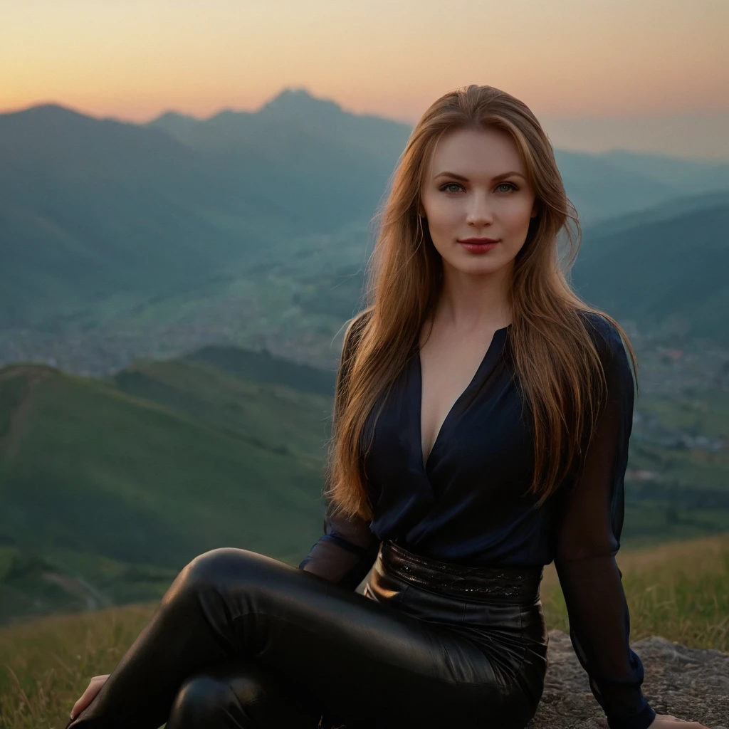 beautiful evil slavic woman, pale skin, long dark blond hair, muscular, Sitting on a hill, She wears a black silk blouse and leather pants, mountains, The fog is creeping,Low clouds lie in the valley, Indigo, sunset, Photo, smile, whole body, Sharp Focus, dynamic sexy pose, helios 44-2, swirling bokeh, Sharp Focus, complex parts, high detail, sharpness, character portrait, perfect lighting, masterpiece, Detailed backstory, Cinematic lighting, 8 k