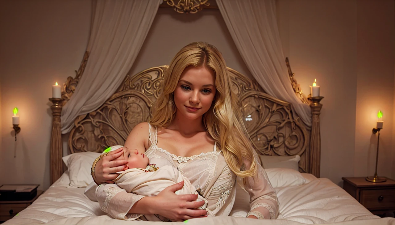 A blonde mother holding a baby girl with a blonde hair in her bed with an ancient fancy bedroom