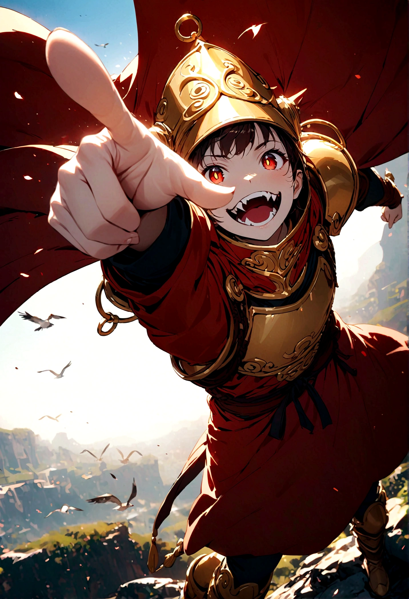 A hand pointing to the camera, Chinese mythological story of the Monkey King, Wearing a golden hoop, Gold shoulder armor, Glowing orange pupils, Showing sharp fangs, Grin, murderous, Open your mouth, A hand pointing to the camera, Showing sharp fangs, look up, Bird's-eye view, Wearing armor, Pressure, Red Cape, red waistband, One hand holding the Ruyi Jingu Bang, Front view, Looking at the camera, Facing the camera, panoramic, blur background, 8K, Detailed description