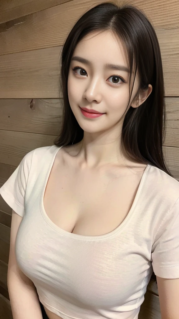 ((best quality, 8K, masterpiece, Clear focus )), 18 years old young Korean girl, ((Dark brown long hair, Huge breasts :1.1)), Slim abdominal muscles :1.2,((Round neck tight short T-shirt,Wearing a T-shirt with chest cutouts :1.6,Cut-out chest top) ), (Wooden wall background :1.2), Highly detailed face and skin textures, Delicate eyes, Double eyelids, Cleavage:0.4,Toothy smile,sweet,cute,collagen,faint blush