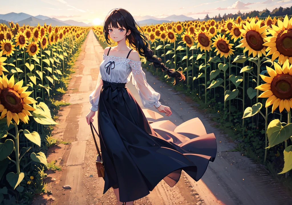 Sunflower Field: "A charming girl with braided hair, wearing a simple, flowing dress, standing in a vast field of sunflowers, with the golden sun setting in the background."