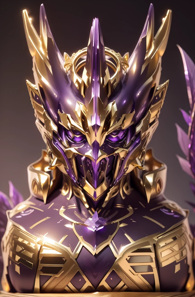 The whole face is a mixture of gold and purple,There are many gorgeous carvings all over the body,Let them coexist,Performed around the eyes. The entire surface should be a perfect purple and gold color,There are no other colors。Does not contain any other colors,Amethyst and gold,There should be a lot of crystals,Add some gold thread for decoration。The color changes to purple and gold,Some purple and gold(Ensure its layering and armor texture,Purple is the main color,Add some gold for decoration)