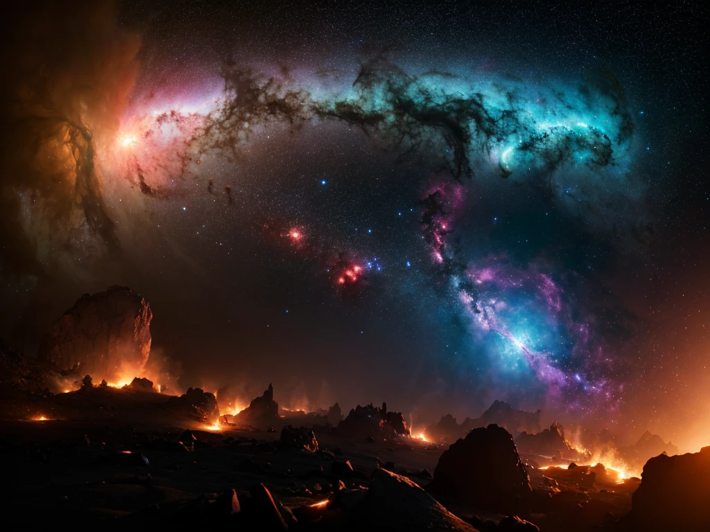 stars, dust and gas nebula in a far galaxy, highly detailed, 8k, hyperrealistic, volumetric lighting, dramatic cinematic lighting, glowing cosmic energy, vivid colors, intricate details, photorealistic, award winning digital art, masterpiece, concept art, space exploration, sci-fi, atmospheric, epic scale, awe-inspiring