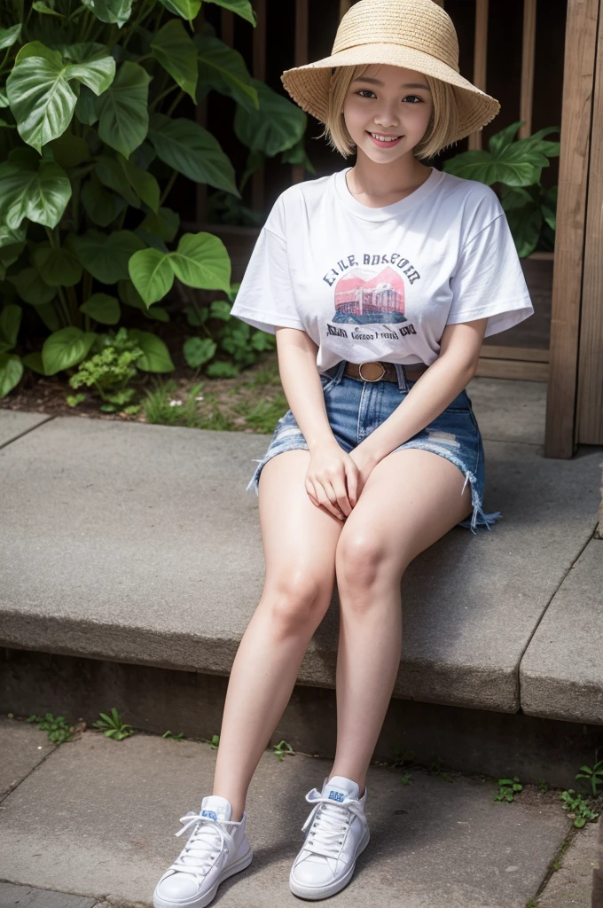 Masterpiece,4K,8K,real,One Woman,Japanese,,high school girl,Natural blonde short cut,fine,Active,bright,healthy,nice smile,An innocent smile,Elegant,clear,Kind Face,Large Breasts,Charm,Graphic T-shirts,Denim shorts,High-top sneakers,Bucket hat,waist bag,The background is a white sandy beach