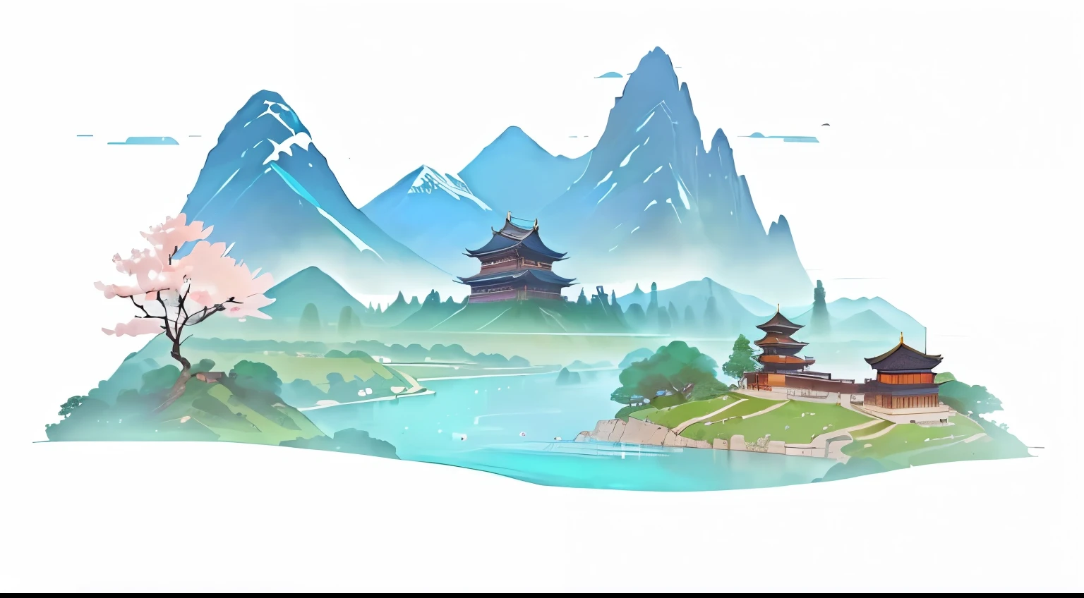 there is a picture of a landscape with a mountain and a river, chinese landscape, zen temple background, anime landscape, chinese watercolor style, mobile game background, ancient city landscape, serene illustration, anime countryside landscape, background artwork, 2 d game environment design, 2d game background