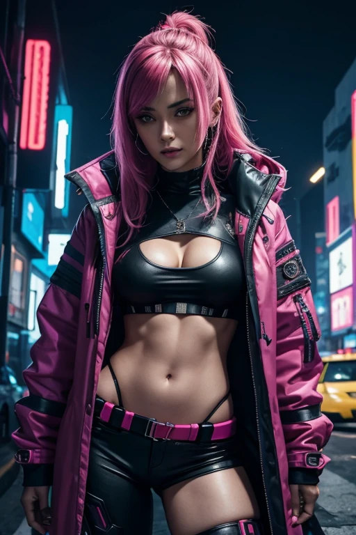 Safe For Work, Cyberpunk, Norwegian, ethnically Norwegian, prostitute, brightly colored clothing, underboob, medium breast, coat, pants shirt that shows underboob